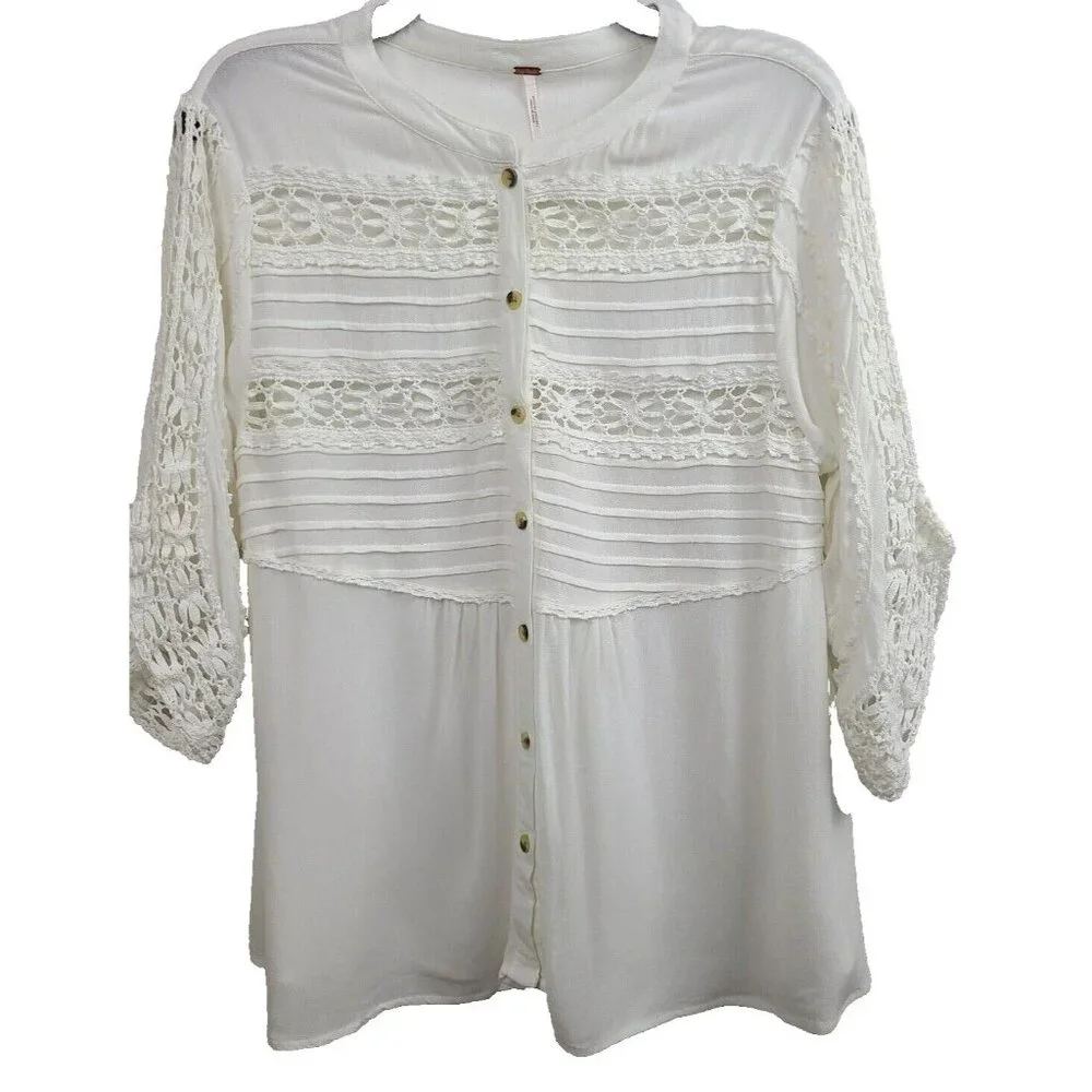 Free People Womens White‎ Crochet Blouse Top Small BOHO 3/4 Sleeve Fairy Cottage